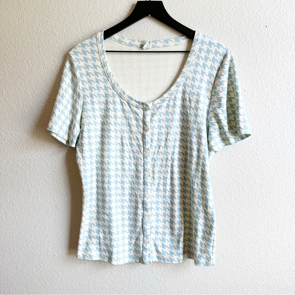 Kate Quinn Blue Cream Houndstooth Organic Cotton Button Front Top Women’s XL